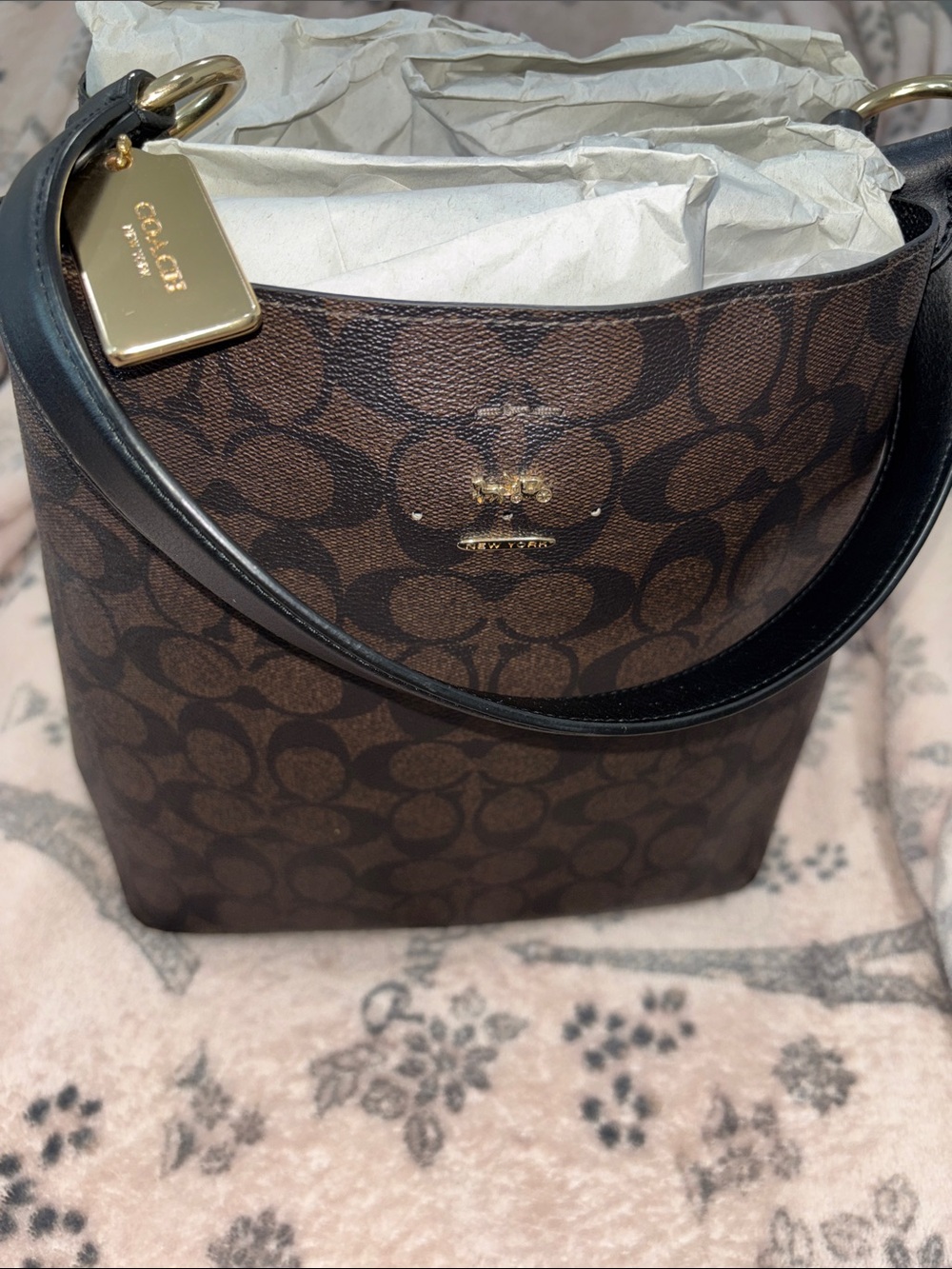 Coach Brown Signature Canvas Bucket Bag with Black Strap